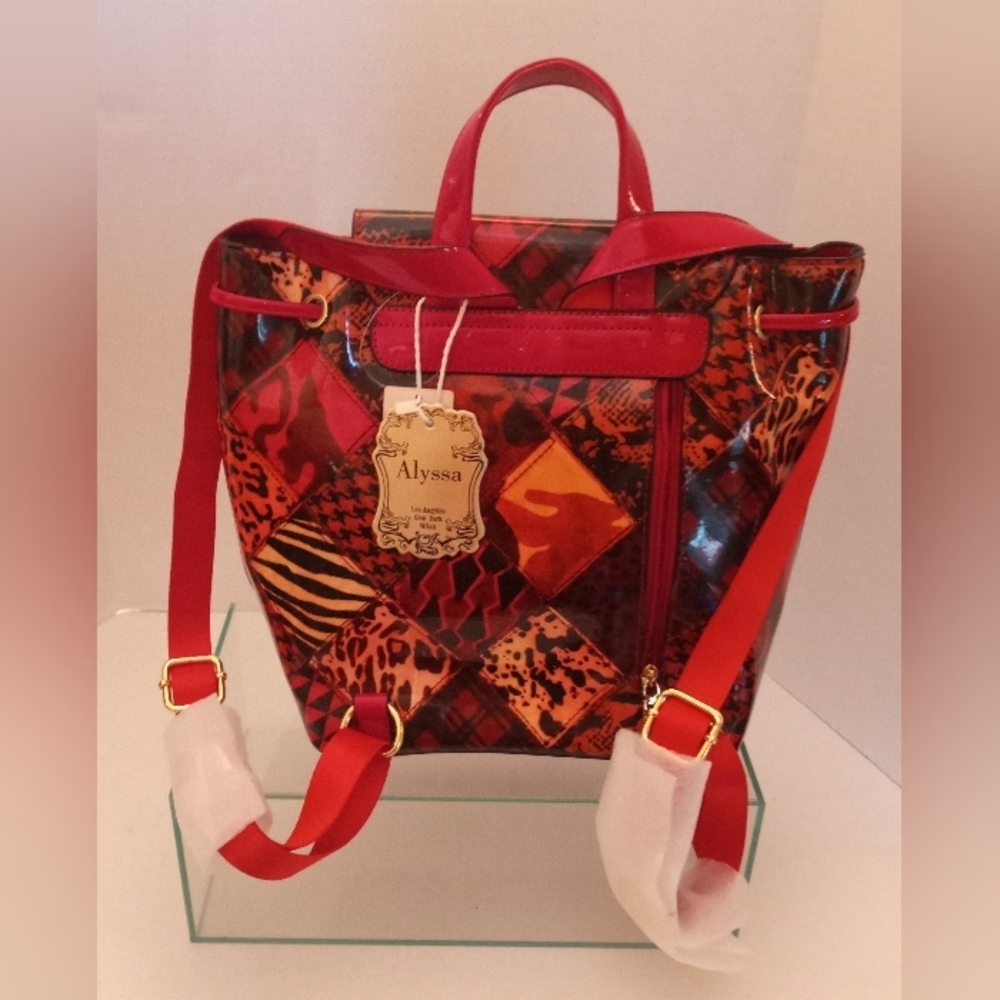 Alyssa Backpack Vegan Leather Red Geometric Shoulder School College Backpack - Picture 8 of 15